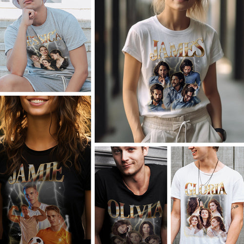 Custom Photo Vintage Tee Personalized Name T-shirt Couple Gifts Personalised Christmas Gifts