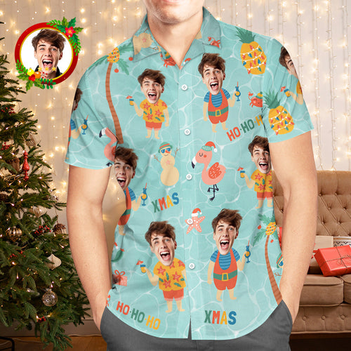 Custom Face Hawaiian Shirt Pineapple With Santa Claus Men's Christmas Shirts - FaceSocksUsa