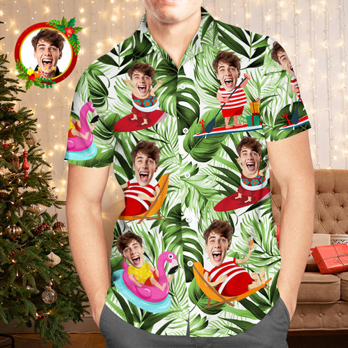 Custom Face Hawaiian Shirt Funny Tropical Aloha Beach Xmas Santa Claus Men's Christmas Shirts - FaceSocksUsa