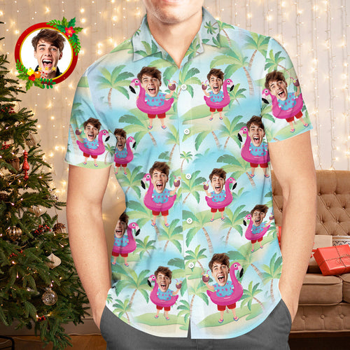 Custom Face Hawaiian Shirt Santa Claus With Flamingo Funny Aloha Men's Christmas Shirts - FaceSocksUsa