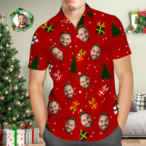 Custom Face Men's Hawaiian Shirt Personalized Photo Red Hawaiian Shirts Christmas Tree and Gifts Merry Christmas