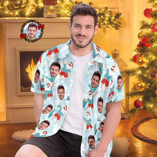 Custom Face All Over Print Men's Hawaiian Shirt Cheerful Dancing Santa Christmas Hawaiian Shirt - FaceSocksUsa