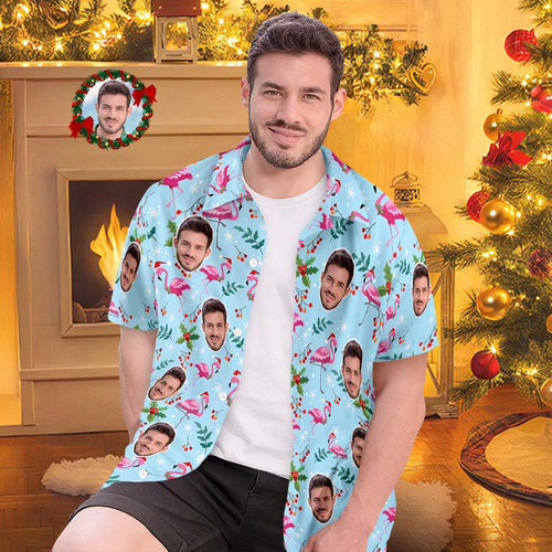 Custom Face All Over Print Men's Hawaiian Shirt Christmas Flamingo Seamless Pattern Hawaiian Shirt - FaceSocksUsa