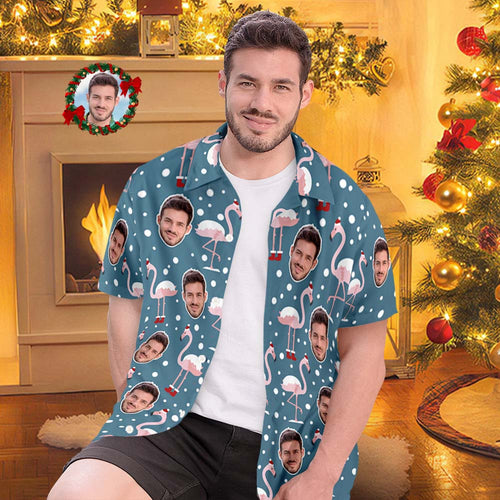 Custom Face All Over Print Men's Hawaiian Shirt Flamingo In Santa Hat Christmas Shirt - FaceSocksUsa