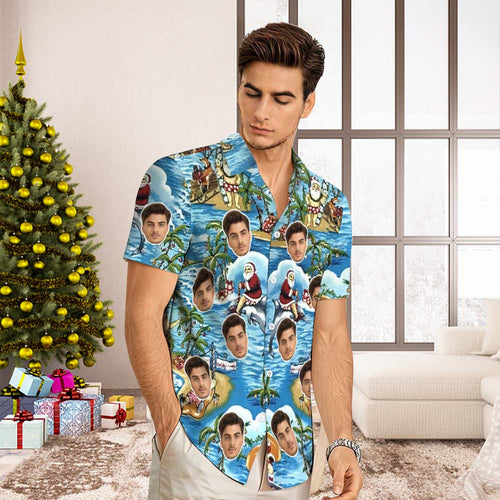Custom Face Hawaiian Shirt Men's All Over Print Aloha Shirt christmas Gift - Santa's Vacation - FaceSocksUsa