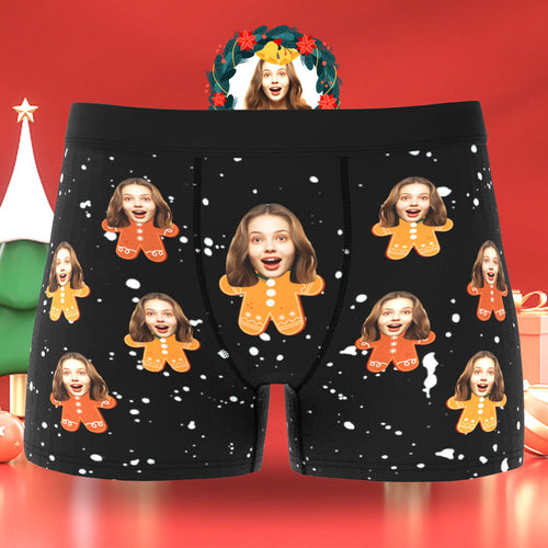 Custom Face Men's Boxers Briefs Personalized Men's Christmas Shorts Gift With Photo Gingerbread Man - FaceSocksUsa