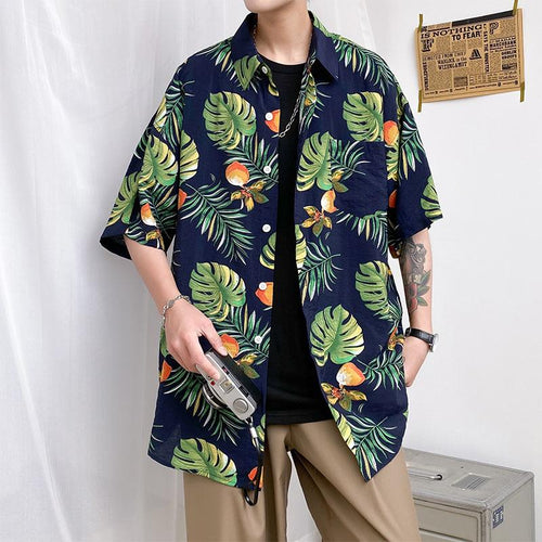 Hawaiian Shirts Print Tropical Leaves On Black Background Aloha Beach Shirts For Men