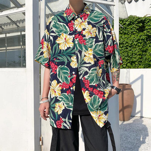 Hawaiian Shirts Print Leaves and Flowers On Black Background Aloha Beach Shirts For Men
