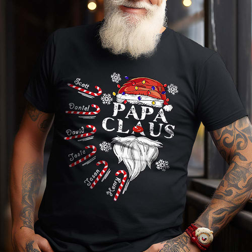 Custom Name T-shirt Papa Claus with Candy Cane Christmas T-Shirt Gift For Dad