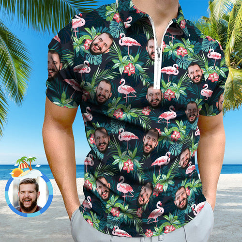 Custom Men's Polo Shirt with Zipper Personalized Face Hawaiian Style Polo Shirt