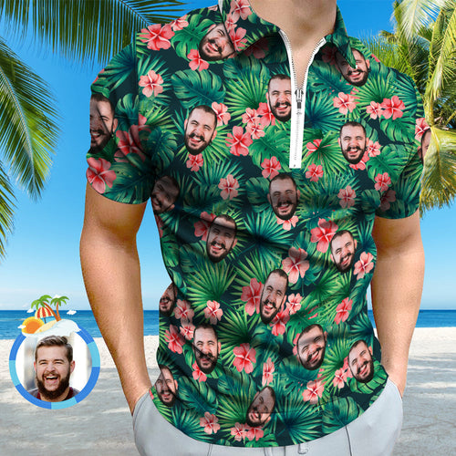 Custom Polo Shirt with Zipper Personalized Face Hawaiian Style Men's Polo Shirt