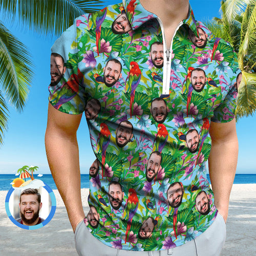Custom Polo Shirt with Zipper Personalized Face Hawaiian Style Men's Polo Shirt for Him