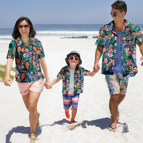 Custom Photo Hawaiian Shirt Parent-child Wears Personalized Face Hawaiian Shirt Gift Colorful Flowers