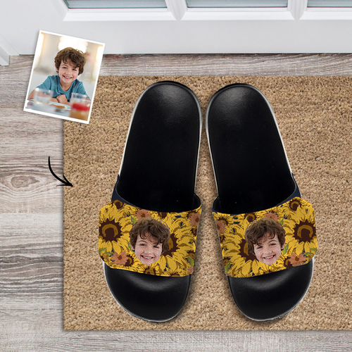 Custom Face Slide Sandals Personalized Velcro Slide Sandals Grandkids Photo Slide Sandals for Grandparents Gifts Go To The Beach Holiday Gifts - Sunflower