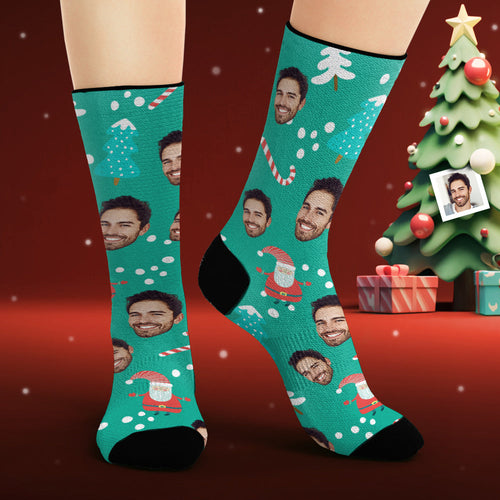 Custom Face Socks Personalized Photo Blue Socks Merry Christmas - FaceSocksUsa