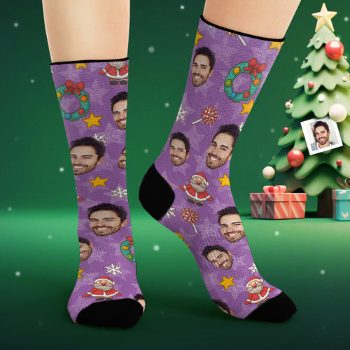Custom Face Socks Personalized Photo Purple Socks Cartoon Christmas Elements - FaceSocksUsa