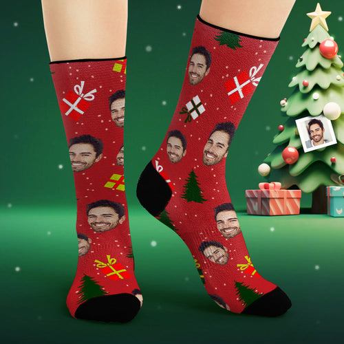 Custom Face Socks Personalized Photo Red Socks Christmas Tree and Gifts - FaceSocksUsa