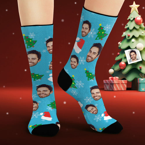 Custom Face Socks Personalized Photo Socks Christmas Trees and Santa Hats Christmas Gifts - FaceSocksUsa