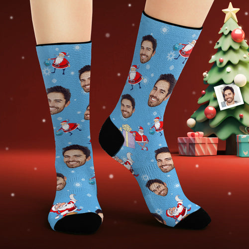 Custom Face Socks Personalized Photo Purple Socks Santa Claus with Gifts - FaceSocksUsa