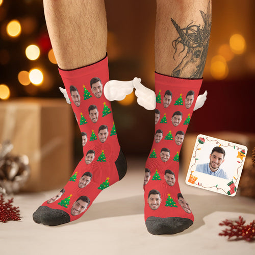 Custom Face Socks with Christmas Tree 3D Magnetic Wing Red Socks for Pet Lover