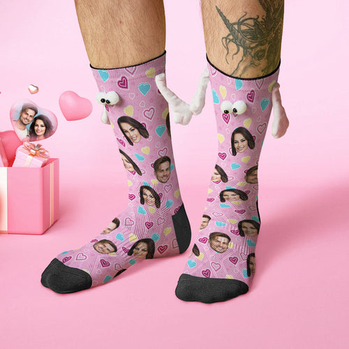 Custom Face Socks Funny Doll Mid Tube Pink Socks Magnetic Holding Hands Socks Valentine's Day Gifts - FaceSocksUSA