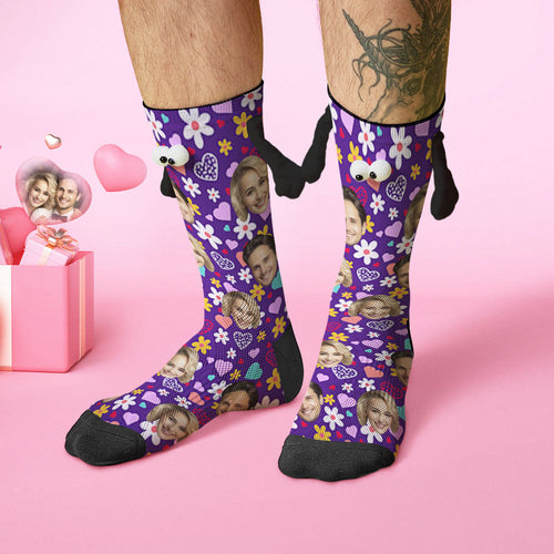 Custom Face Socks Funny Doll Mid Tube Purple Socks Magnetic Holding Hands Socks Little Daisy Valentine's Day Gifts - FaceSocksUSA