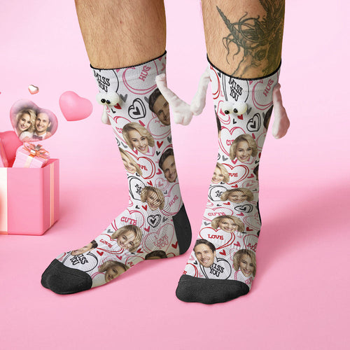 Custom Face Socks Funny Doll Mid Tube Socks Magnetic Holding Hands Socks Miss You Valentine's Day Gifts - FaceSocksUSA