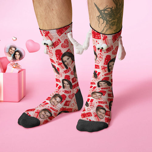 Custom Face Socks Funny Doll Mid Tube Red Socks Magnetic Holding Hands Socks Valentine's Day Gifts - FaceSocksUSA