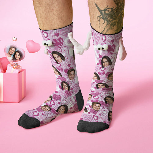 Custom Face Socks Funny Doll Mid Tube Socks Magnetic Holding Hands Socks Purple Heart Valentine's Day Gifts - FaceSocksUSA