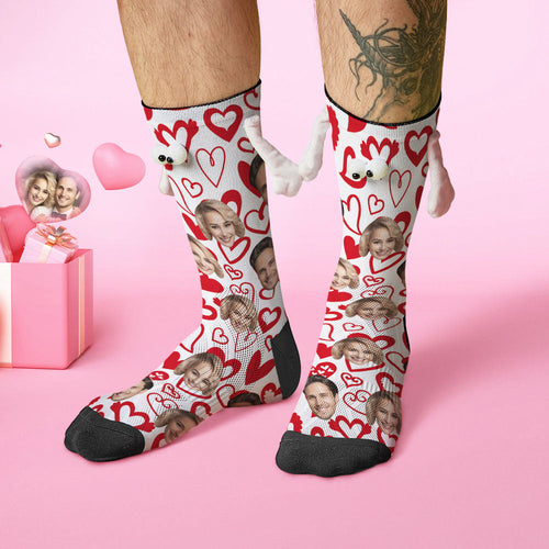 Custom Face Socks Funny Doll Mid Tube Socks Magnetic Holding Hands Socks Red Heart Valentine's Day Gifts - FaceSocksUSA