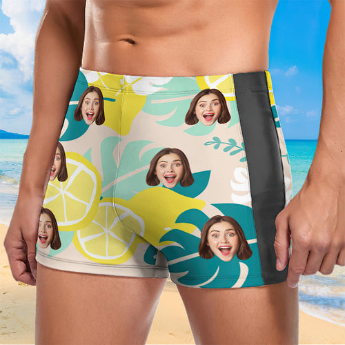 Custom Men's Swim Boxer Shorts, Hawaiian Face Swim Trunks, Peseronalized Swim Briefs Lemon Swimwear