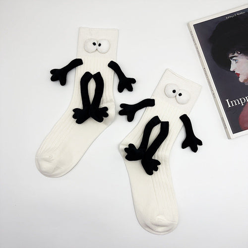 Funny Doll Mid Tube Socks Holding Hand Socks White Beside Gifts for Couple