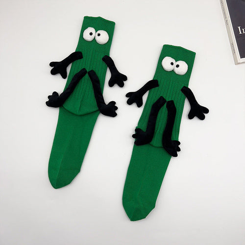 Funny Doll Mid Tube Socks Holding Hand Socks Green Behind Gifts for Couple