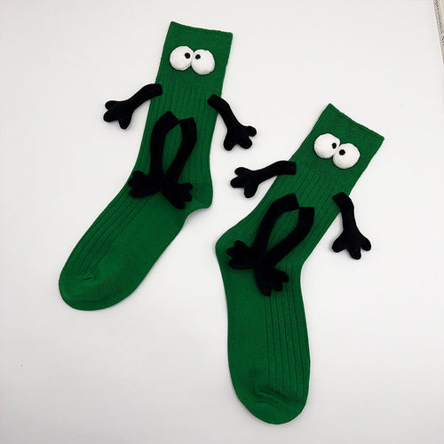 Funny Doll Mid Tube Socks Holding Hand Socks Green Beside Gifts for Couple