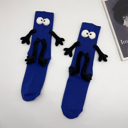 Funny Doll Mid Tube Socks Holding Hand Socks Blue Behind Gifts for Couple