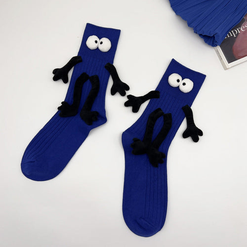 Funny Doll Mid Tube Socks Holding Hand Socks Blue Beside Gifts for Couple