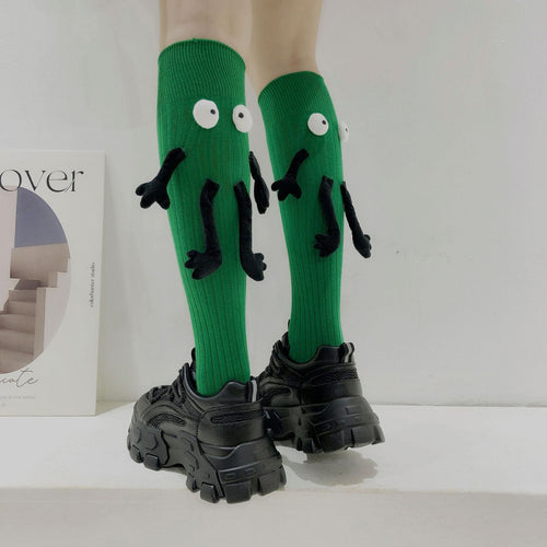 Funny Doll Knee High Socks Holding Hand Socks Gifts for Couple Green Behind