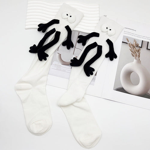 Funny Doll Knee High Socks Holding Hand Socks Gifts for Couple White Behind