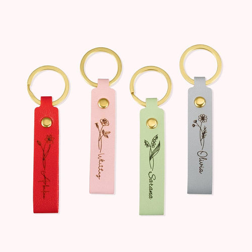 Personalized Birth Flower Leather Keychain with Engraved Name Christmas Gift Wedding Party Gift Bridesmaid Gift