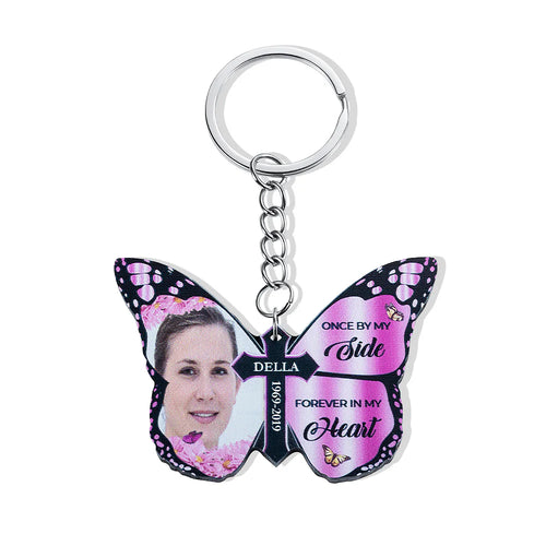 Personalized Butterfly Cross Once By My Side Forever In My Heart Keychain with Name Photo Memorial Gift