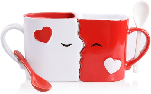 Kissing Mugs Set, Anniversary & Wedding Gifts, Exquisitely Crafted Two Large Cups & Spoons for Couples, for Him and Her on Valentines, Birthday, Engagement