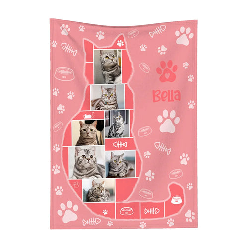 Personalized Cute Cat Photo Collage Blanket with Name Birthday Anniversary Gift for Cat Lover