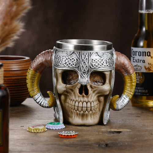 Viking Skull Beer Mug Beer Steins Tankard, Stainless Steel Double Handle Horn Coffee Cup, Medieval Gift Skeleton Drinkware Mug, Drinking Cup for Beer/Coffee/Beverage/Juice 17oz Bar Decoration