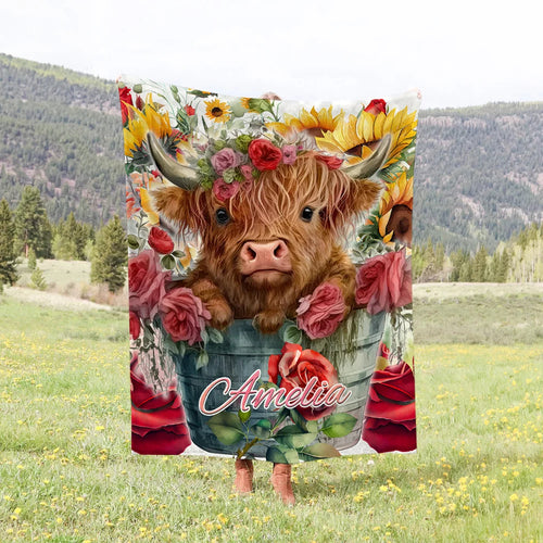 Personalized Highland Cow Blanket Floral Animal Name Blanket Home Decoration Birthday Gift