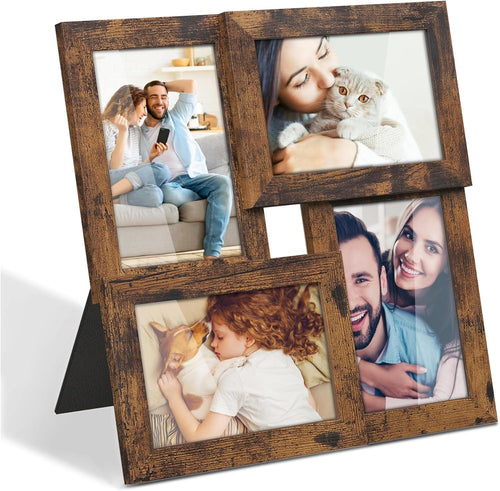 SONGMICS 4x6 Collage Picture Frames, Family Photo Collage Frame Set of 4 for Wall Decor, Glass Front, Wall Hanging or Tabletop, Rustic Brown