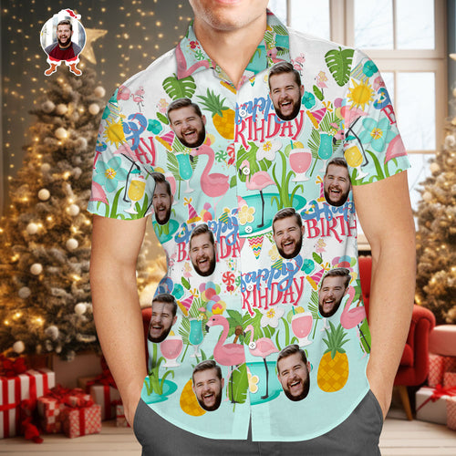 Custom Happy Birthday Hawaiian Shirt Flamingo Party Personalized Face Shirt Christmas Gift