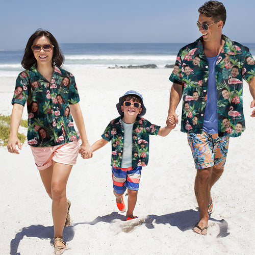 Custom Photo Hawaiian Shirt Parent-child Wears Personalized Face Hawaiian Shirt Gift Flamingo Flower