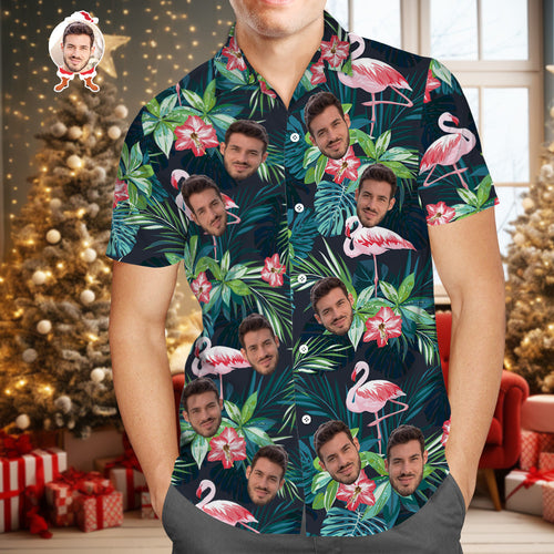 Custom Face Shirt Men's Hawaiian Shirt Christmas Gift Flamingo Flower