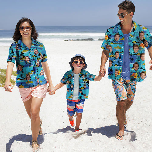 Custom Face Hawaiian Style Vice City Large Leaves Long Dress And Shirt Family Matching