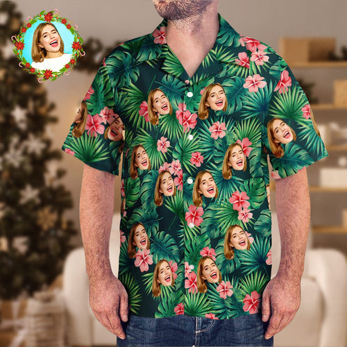 Custom Hawaiian Shirt with Face Men's Hawaiian Shirt Red Flowers Christmas Gift